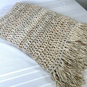 Vintage Handmade Cream Open-Weave Fringe Throw Retro Accent Blanket MCM Boho